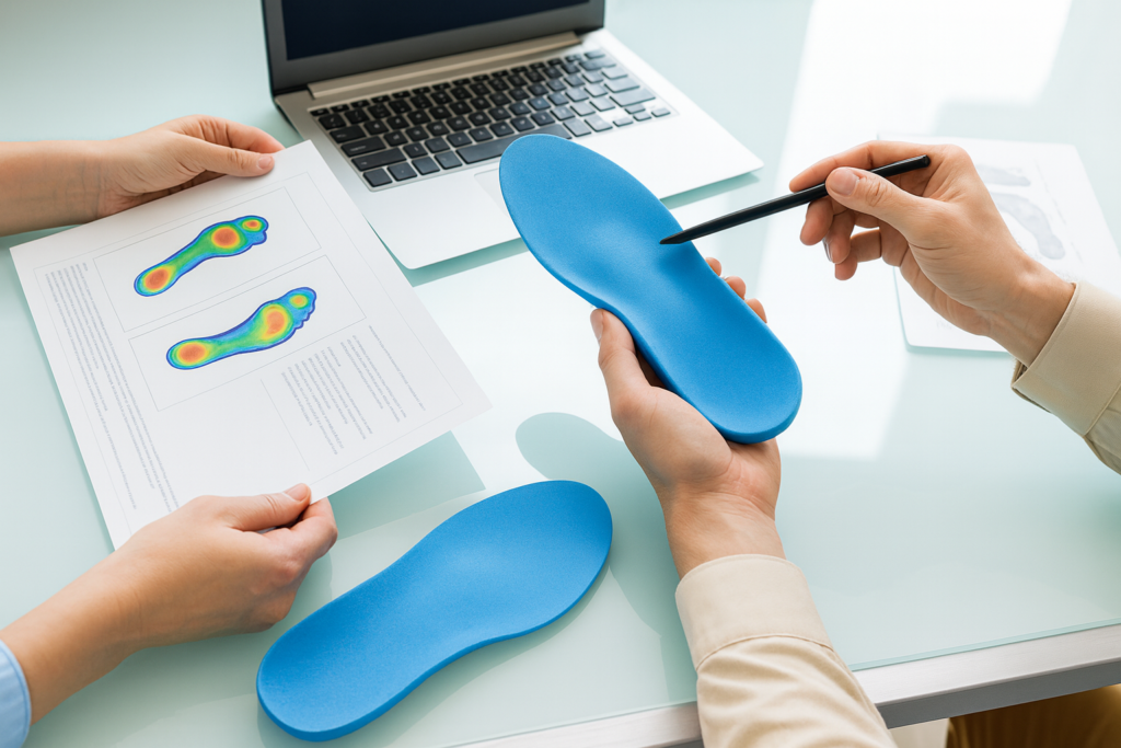 Dwie osoby omawiają niebieską wkładkę ortopedyczną; jedna trzyma wkładkę, a druga arkusz z kolorową mapą nacisku stóp, na stole leży laptop i druga wkładka.