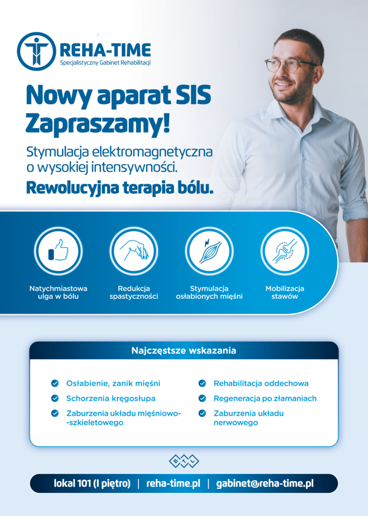 Plakat gabinetu REHA-TIME informuje o nowym aparacie SIS do stymulacji elektromagnetycznej o wysokiej intensywności. Po lewej stronie znajduje się logo gabinetu oraz hasła: „Nowy aparat SIS – Zapraszamy!”, „Stymulacja elektromagnetyczna o wysokiej intensywności”, „Rewolucyjna terapia bólu”. Obok widoczna jest uśmiechnięta osoba w okularach, ubrana w jasną koszulę. Niżej umieszczono cztery ikony opisujące korzyści terapii: natychmiastowa ulga w bólu, redukcja spastyczności, stymulacja osłabionych mięśni, mobilizacja stawów. Kolejna sekcja przedstawia listę najczęstszych wskazań: osłabienie i zanik mięśni, schorzenia kręgosłupa, zaburzenia układu mięśniowo-szkieletowego, rehabilitacja oddechowa, regeneracja po złamaniach, zaburzenia układu nerwowego. Na dole widnieją dane kontaktowe: lokal 101 (I piętro), adres strony internetowej i adres e-mail gabinetu.
